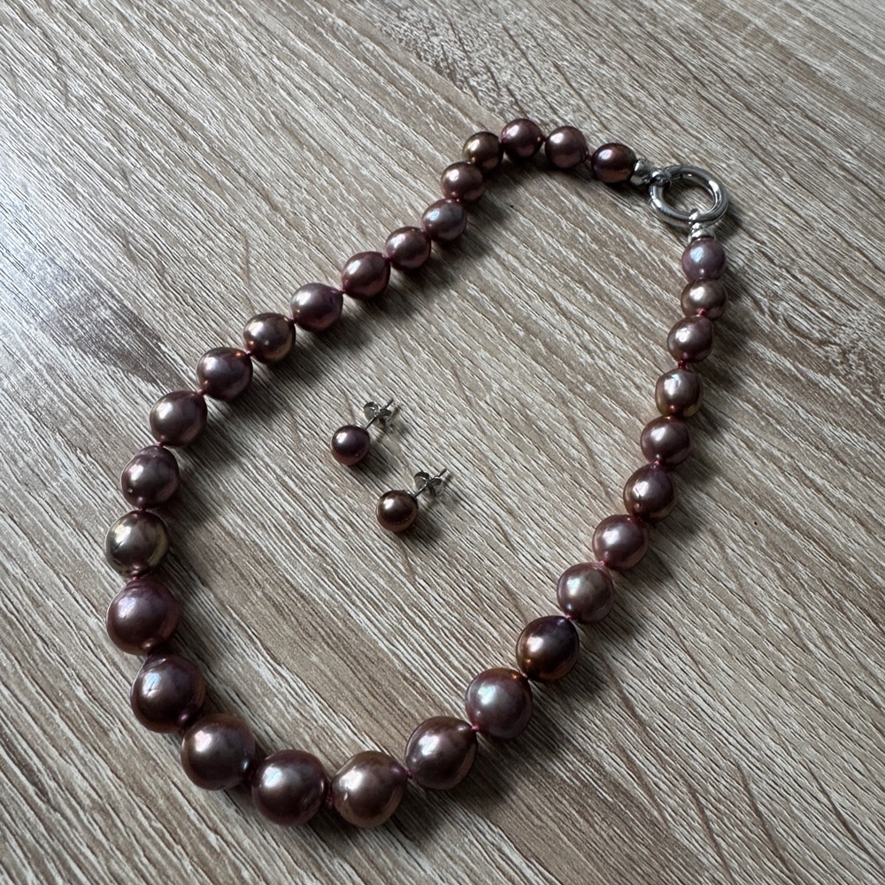 Elegant Brown Pearl Necklace and Earring Set